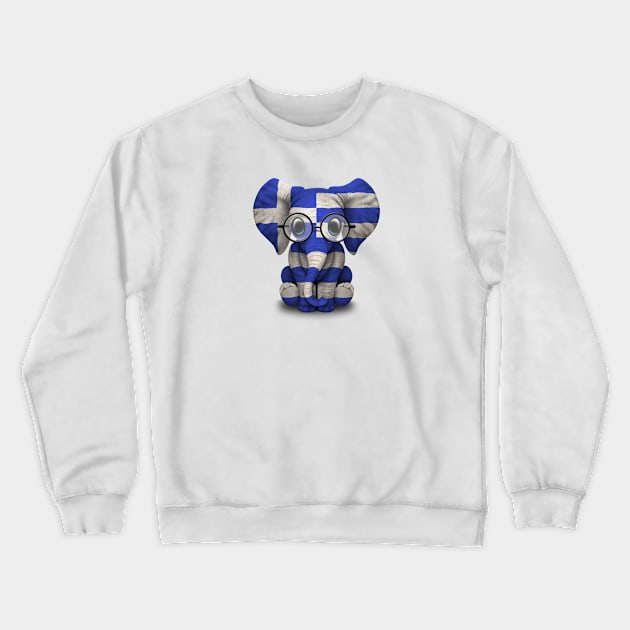 Baby Elephant with Glasses and Greek Flag Crewneck Sweatshirt by jeffbartels